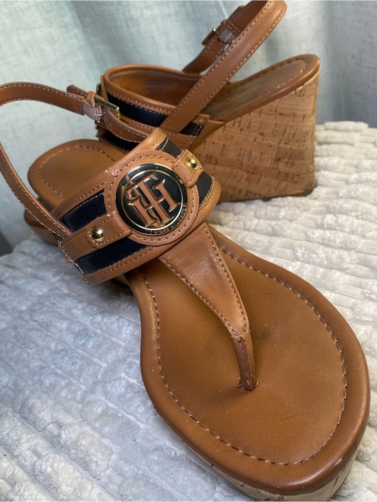 Tommy Hilfiger Shoes - Tommy Hilfiger Black Tan Faux Leather & Cork Wedge Slingback Manne Thong Sandals